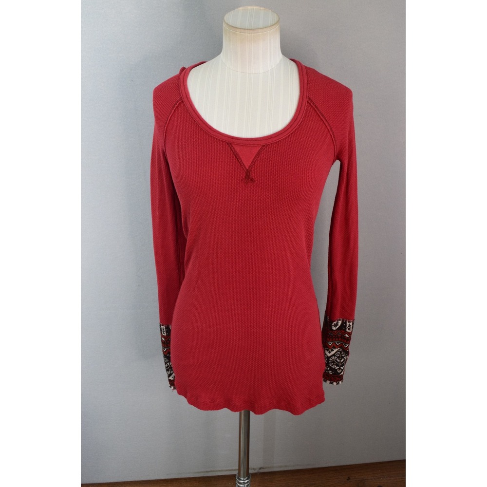 We The Free Thermal Top Medium Red Printed Cuff Waffle Hyperactive Hippie